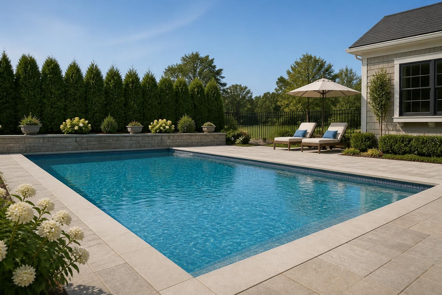 A clean backyard pool with tidy patio and sparkling water.
