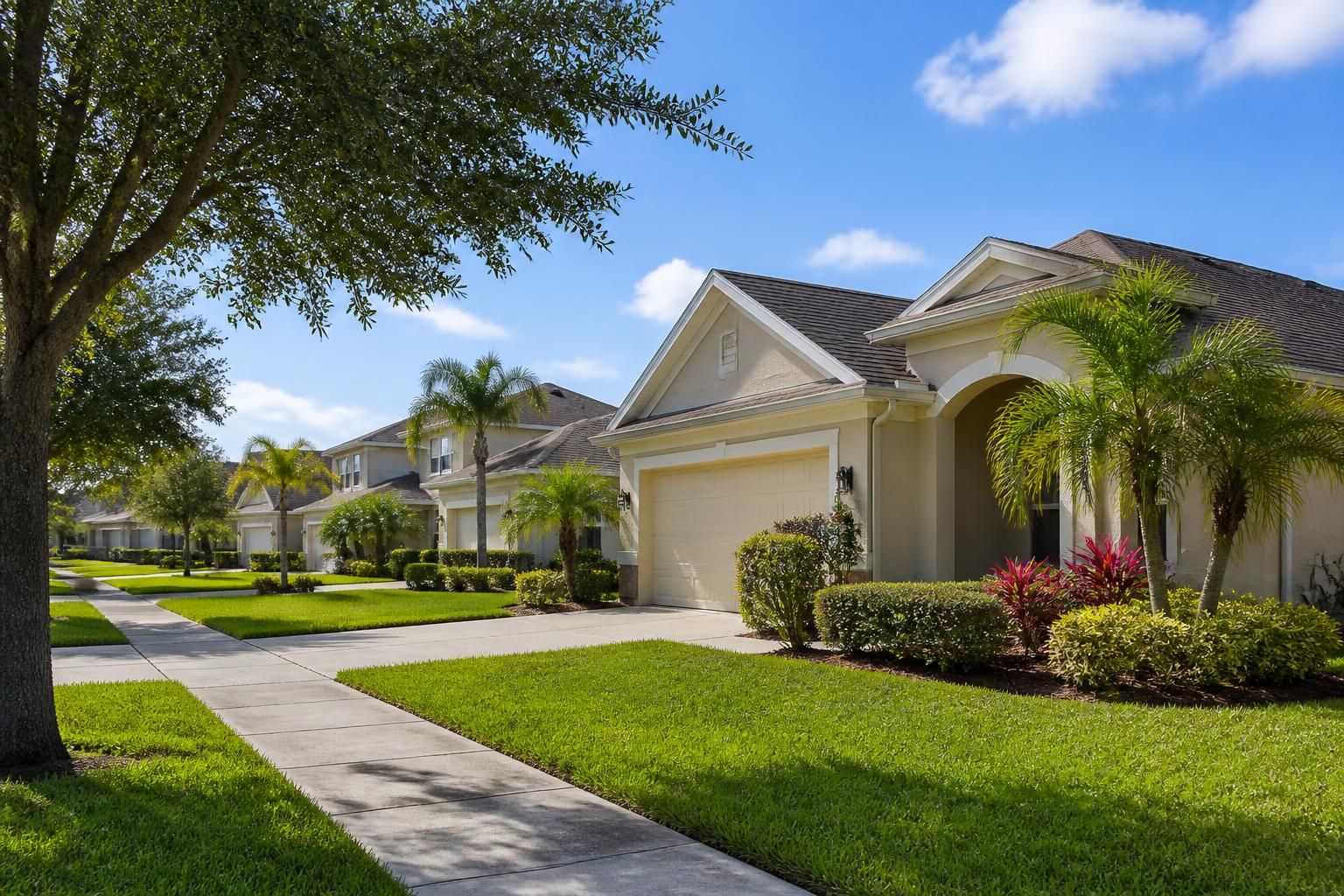 A tidy Brandon neighborhood with manicured lawns and bright light.