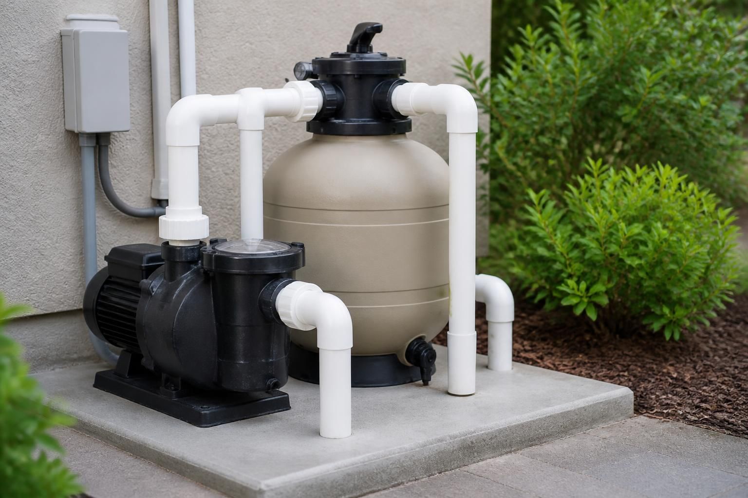 Newly installed pool pump and filter system with clean plumbing.