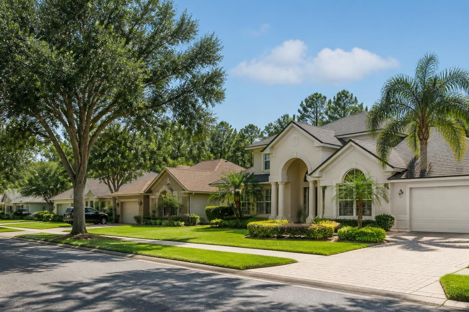A quiet Lutz neighborhood with spacious homes and well-kept lawns.