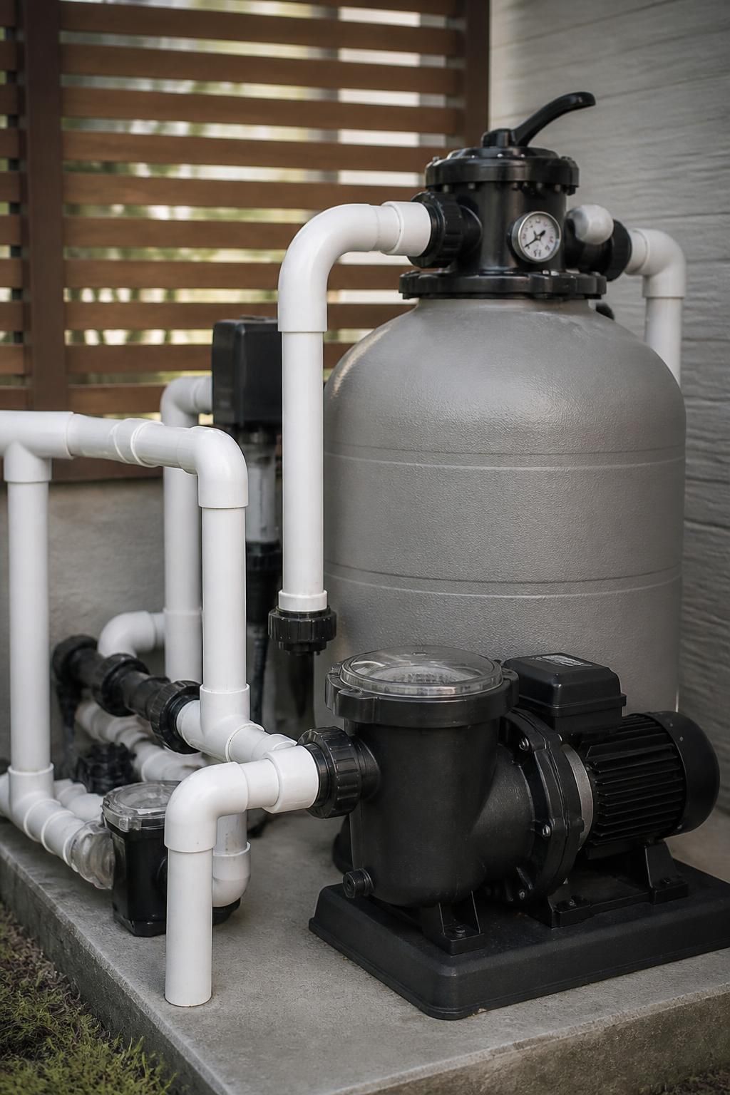 Finished pool equipment installation with clean plumbing and modern equipment.