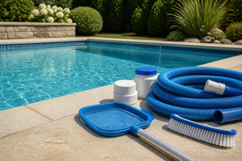 Neatly arranged pool service materials beside a clear finished pool.