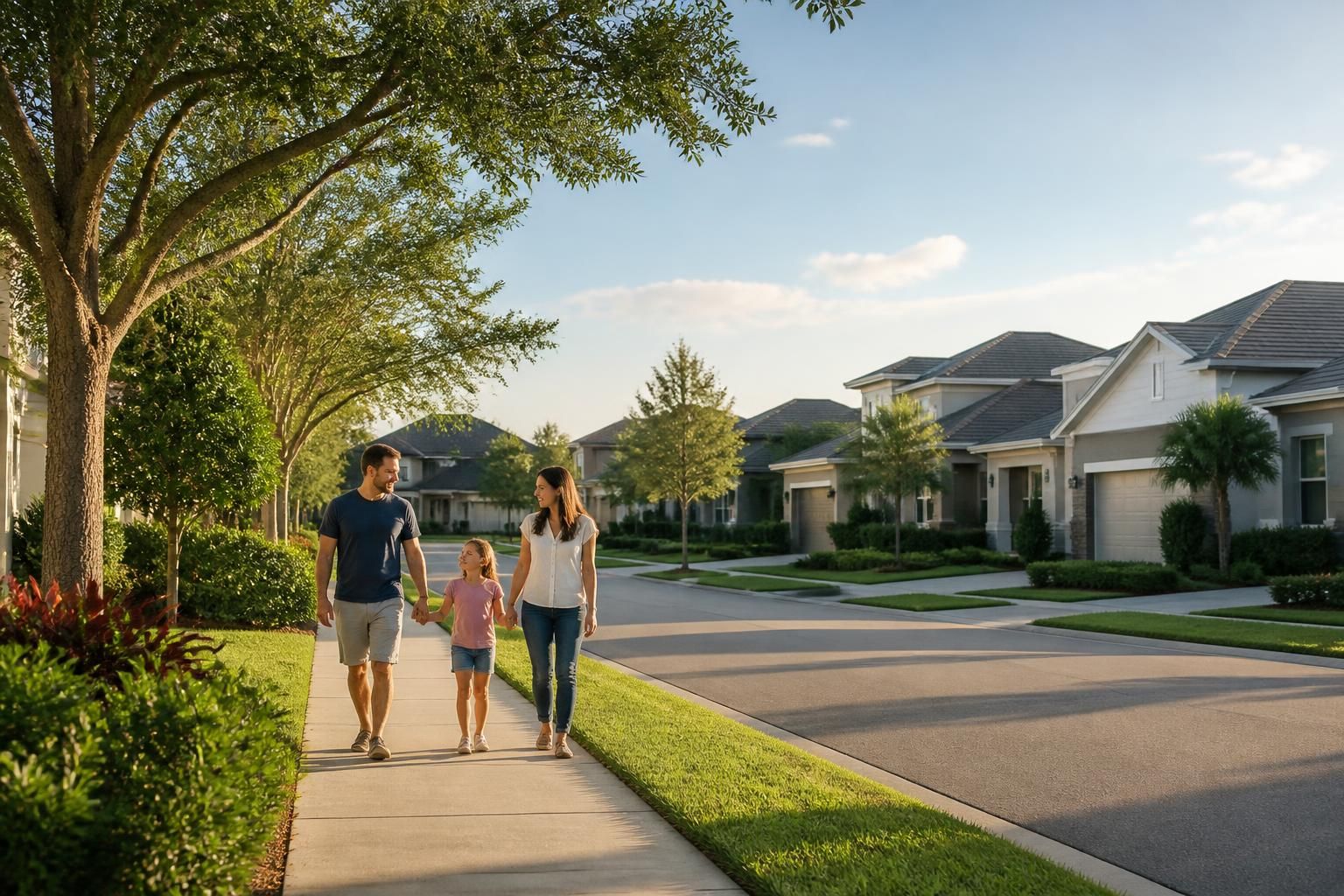 A modern Wesley Chapel neighborhood with tidy streets and landscaping.
